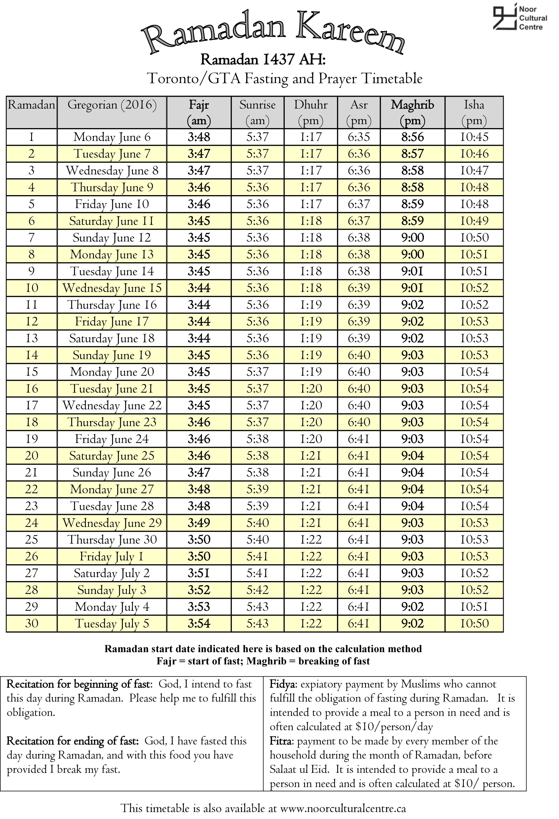 Ramadan 1437: Toronto/GTA Fasting and Prayer Timetable